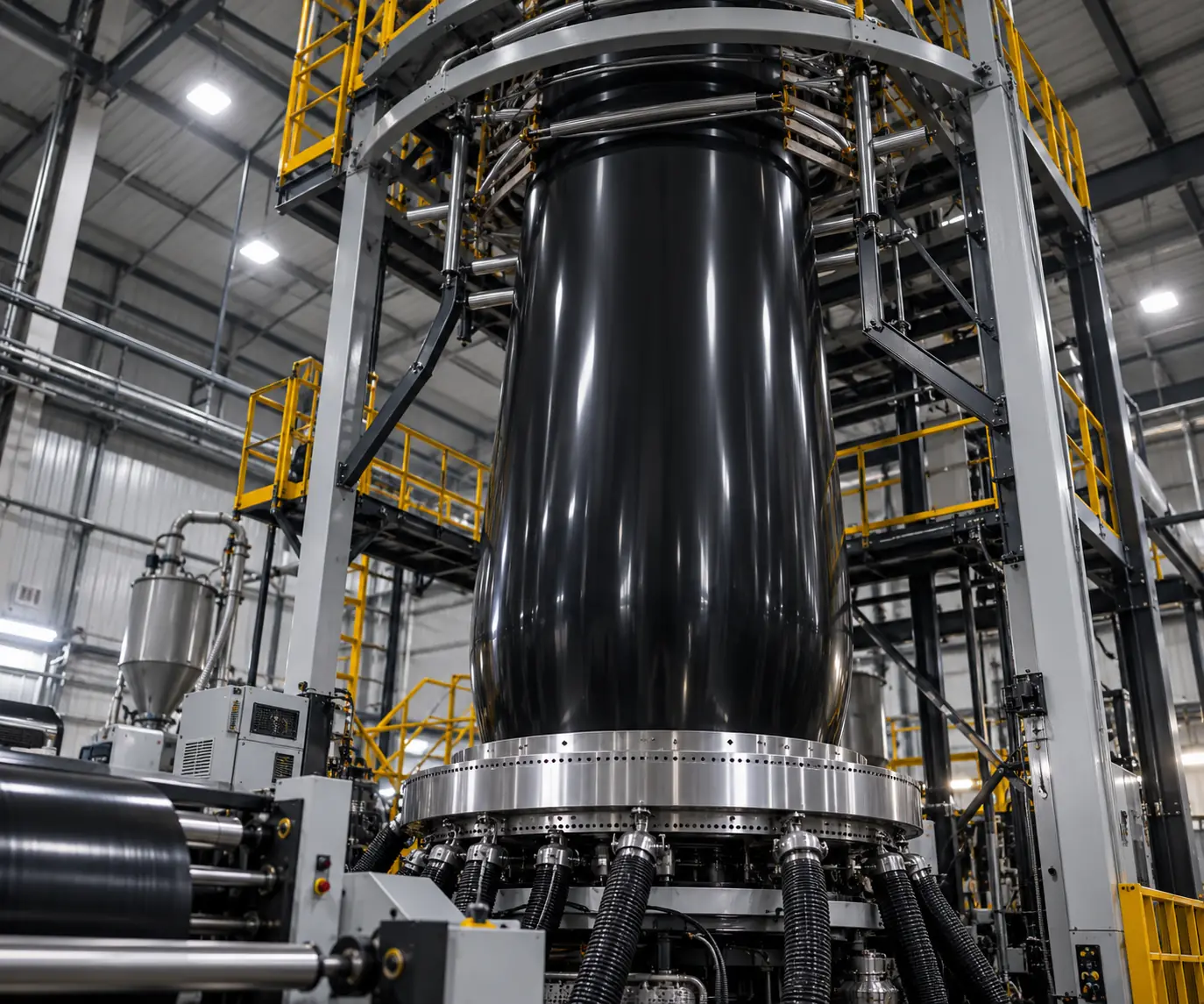 Torre de extrusión de película soplada formando una burbuja de polietileno negro