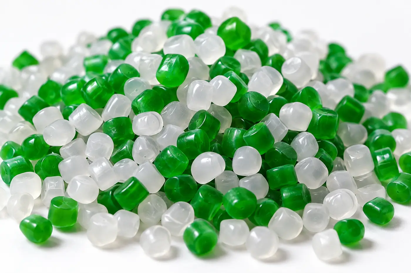 Pellets de polietileno verdes y transparentes, materia prima de nuestras bolsas